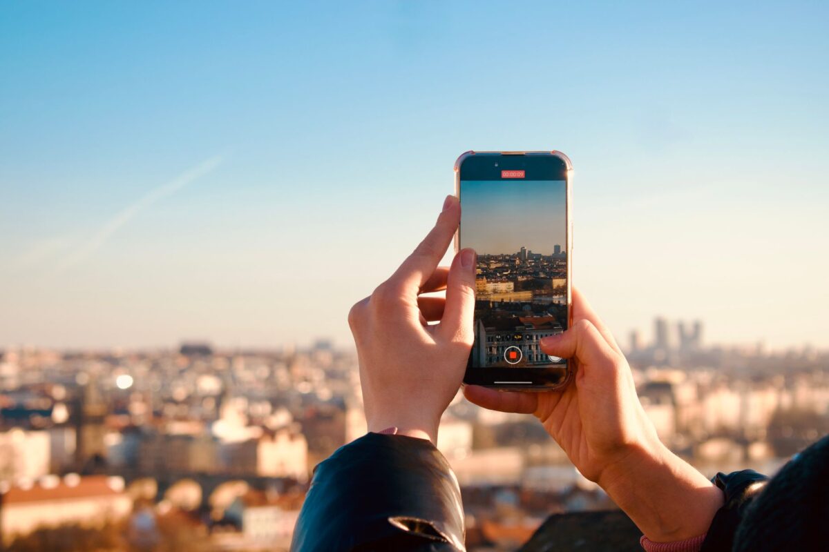 smartphone weather app city skyline